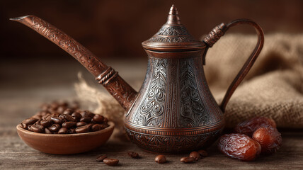 Traditional dallah showcasing rich coffee culture with dates and beans