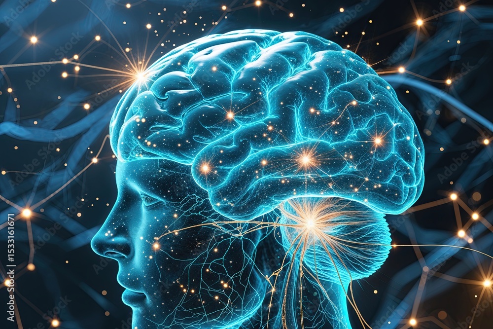 Poster the innovative brain blueprint featuring aquamarine neural threads and advanced technology highlight