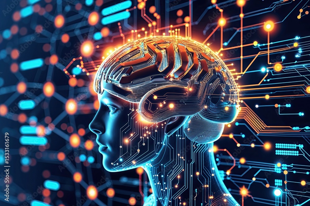 Poster futuristic digital intelligence with circuit brain and electronic network design