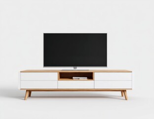 Modern minimalist white and light wood media console with flat-screen TV, showcasing clean lines and simple design against a white backdrop