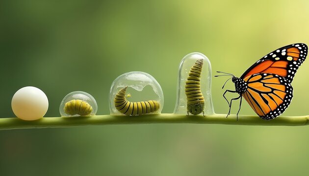 Monarch butterfly life cycle from egg to adult. Development stages transform into pupa, chrysalis. Complete metamorphosis illustration. Education, science, biology, ecology, nature, wildlife topics.