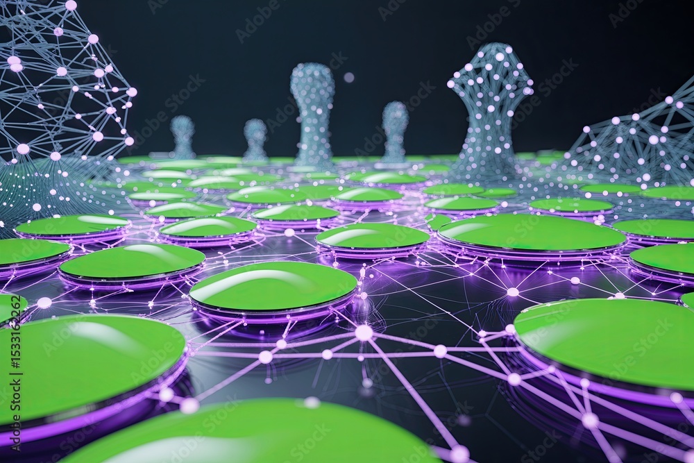 Poster futuristic digital ecosystem with bright green and purple nodes for advanced data analytics and augm