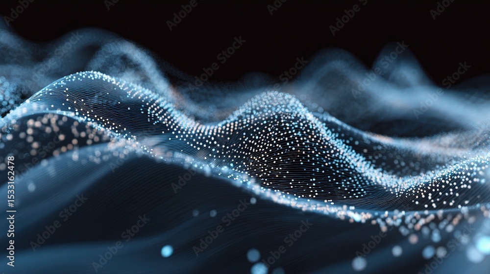 Poster futuristic audio wave visualization with dynamic dot patterns