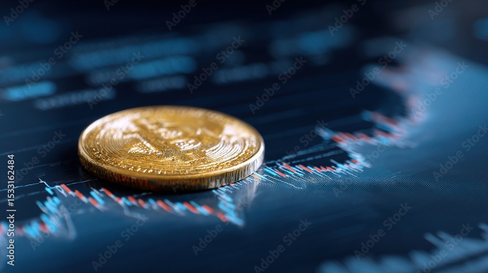 Poster golden coin on data chart with trend graph in focus