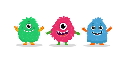 set of cartoon monsters. Cute monster in flat style. Kids funny character design for posters, cards, magazins. Vector illustration