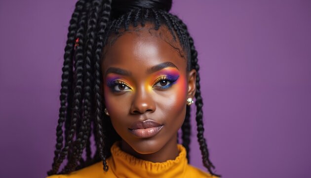 Confident black woman with stylish two tone braids and colorful makeup. Young female has a radiant smile on purple background. Eye makeup, fashion portrait studio look.