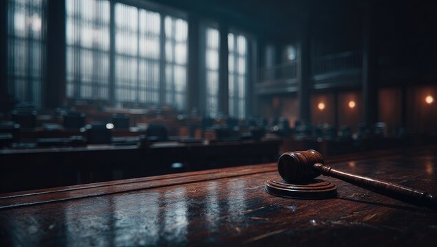 A gavel rests on a polished wooden table in a dimly lit courtroom, overlooking rows of empty desks and large windows