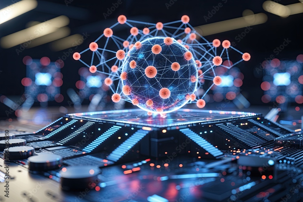 Poster futuristic 3d visuals of data analytics and machine learning strategies with neural networks
