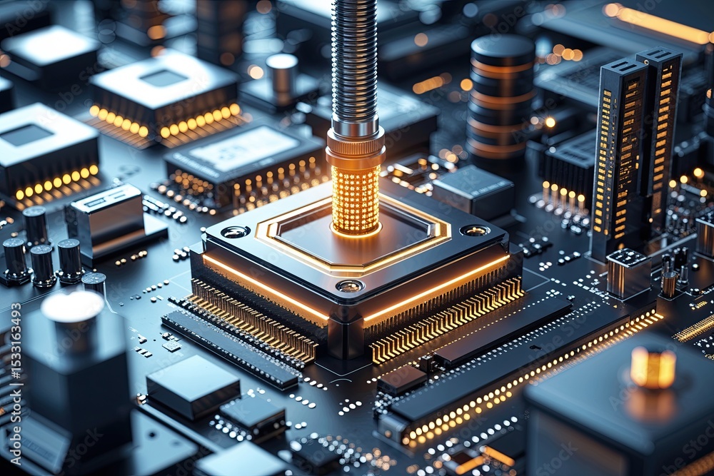 Poster progressive modern microprocessor infrastructure concept visualizing future innovations