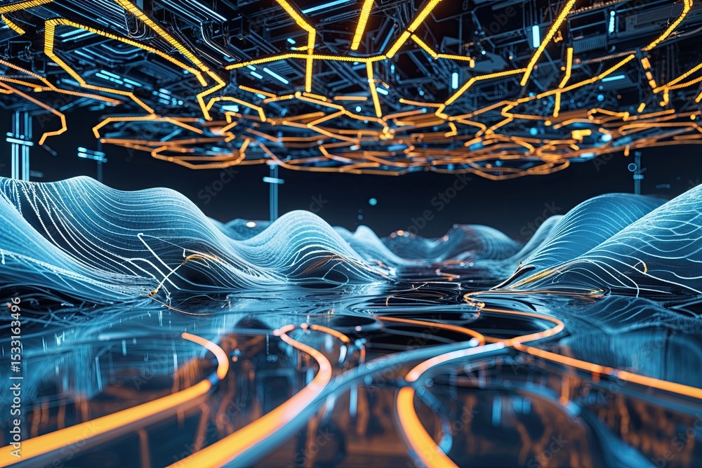 Poster futuristic abstract background with dynamic waves and technological connections