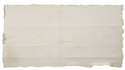 A tattered offwhite piece of paper, isolated on transparent background, shows creases and a torn edge