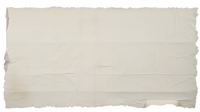 A tattered offwhite piece of paper, isolated on transparent background, shows creases and a torn edge
