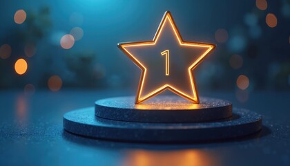 Gold star illuminated with number one stands on podium, blue background. Achievement, victory, success, high performance. Award for best performer, champion, first place winner in competition.