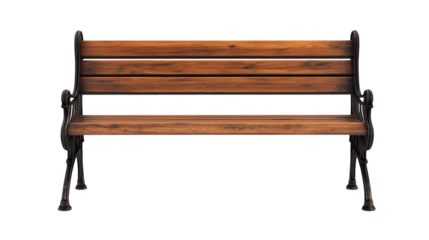 Detailed front view of an old rustic wooden bench with decorative metal frame