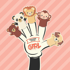 Baby shower banner with cartoon hand holding puppets on pink background. It's a girl -vector eps8