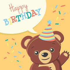 Cute greeting bear wearing a birthday hat, confetti floating around, bitrthday card -vector eps8