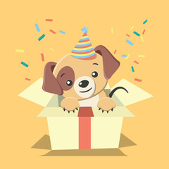 Cute puppy in a carboard box, wearing a birthday hat, confetti floating around -vector eps8