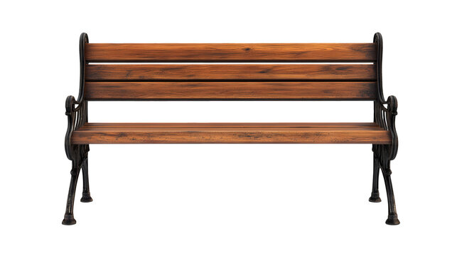 Detailed front view of an old rustic wooden bench with decorative metal frame - Powered by Adobe