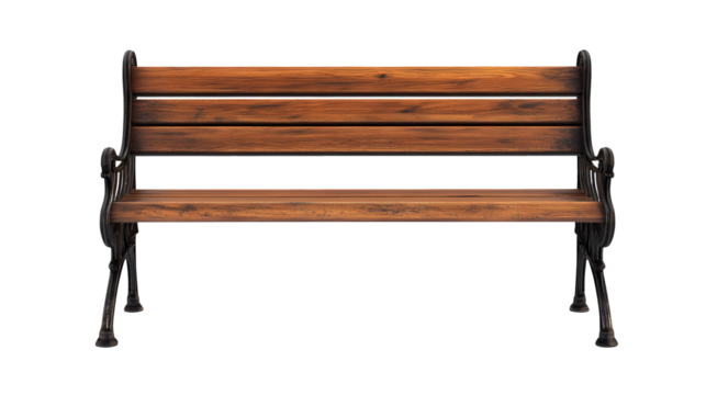 Detailed front view of an old rustic wooden bench with decorative metal frame