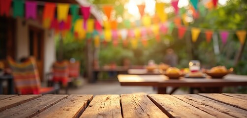 Cinco de Mayo holiday celebration table setting with colorful bunting, food. Traditional Mexican party atmosphere. Wooden table. Perfect background for menu, greeting cards, posters or invitations.