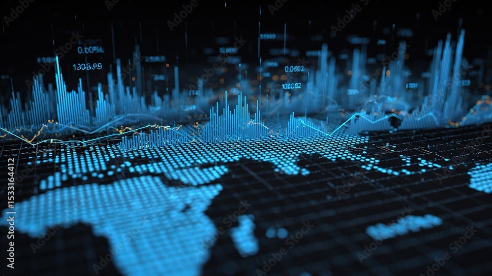 Poster 3d rendered technology scene with grid world map and floating elements