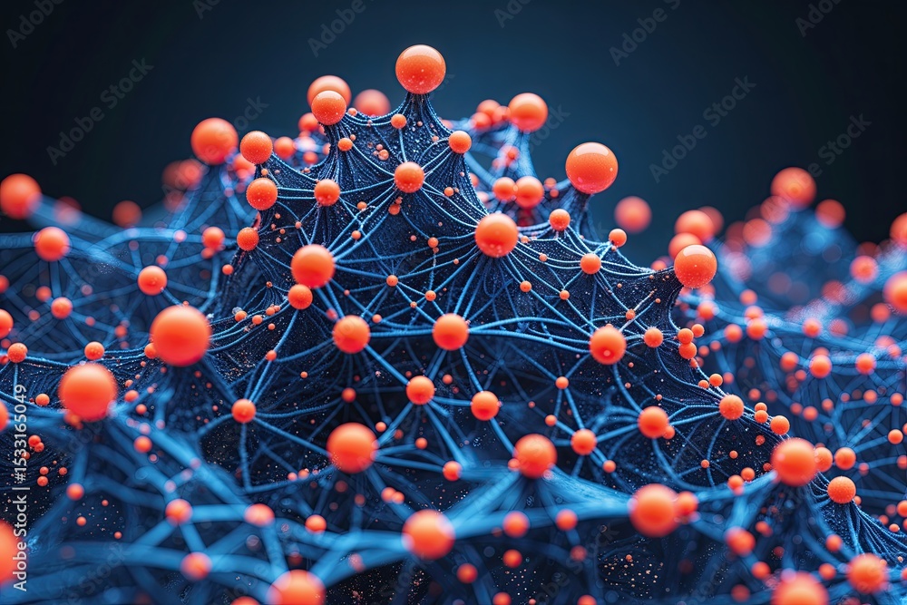 Poster advanced synthetic network with vibrant indigo and coral structures for real-time data processing an