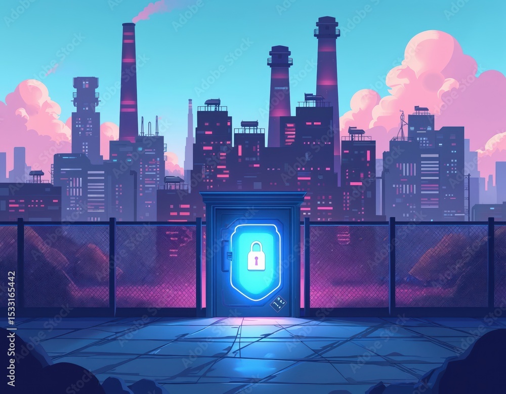 Poster illustration robust cybersecurity measures, protecting industrial data from unauthorized access. loc