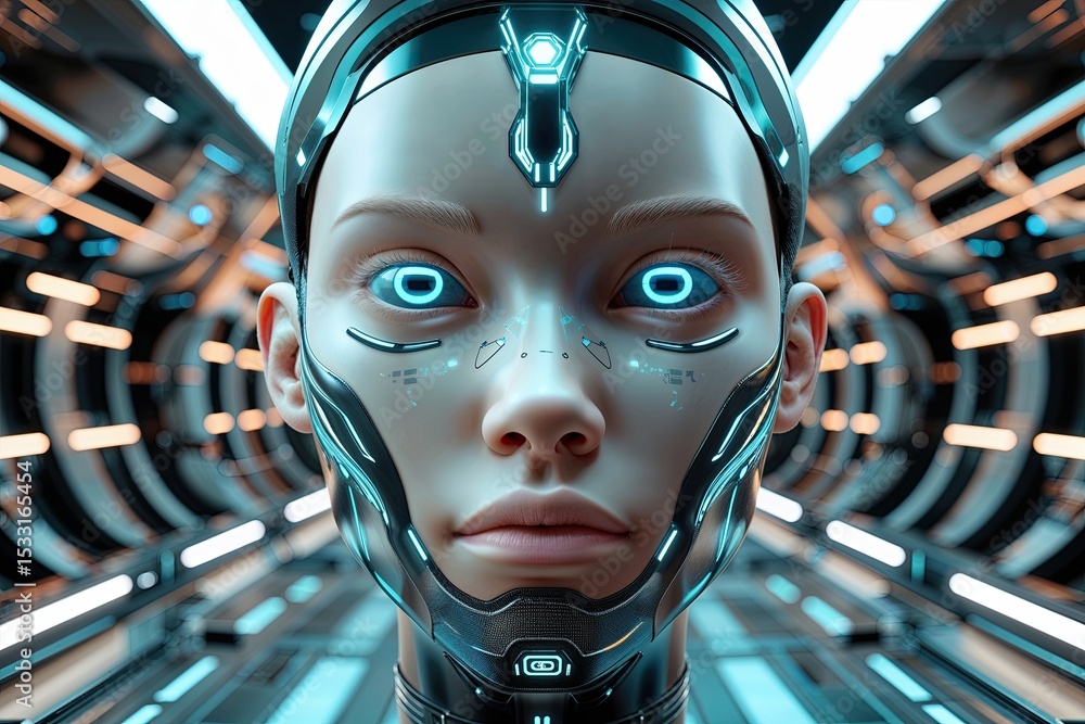 Poster three-dimensional conceptual digital face design in a futuristic context