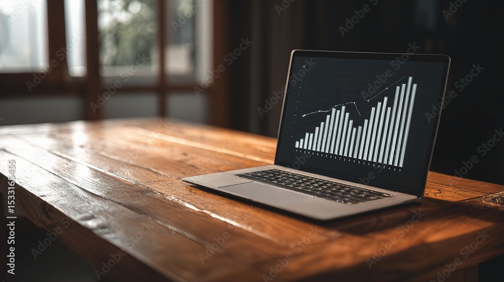 Poster sleek wooden desk with laptop displaying data analysis graph
