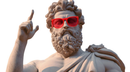 A majestic marble statue, isolated on transparent background, sports vibrant red sunglasses and gestures thoughtfully