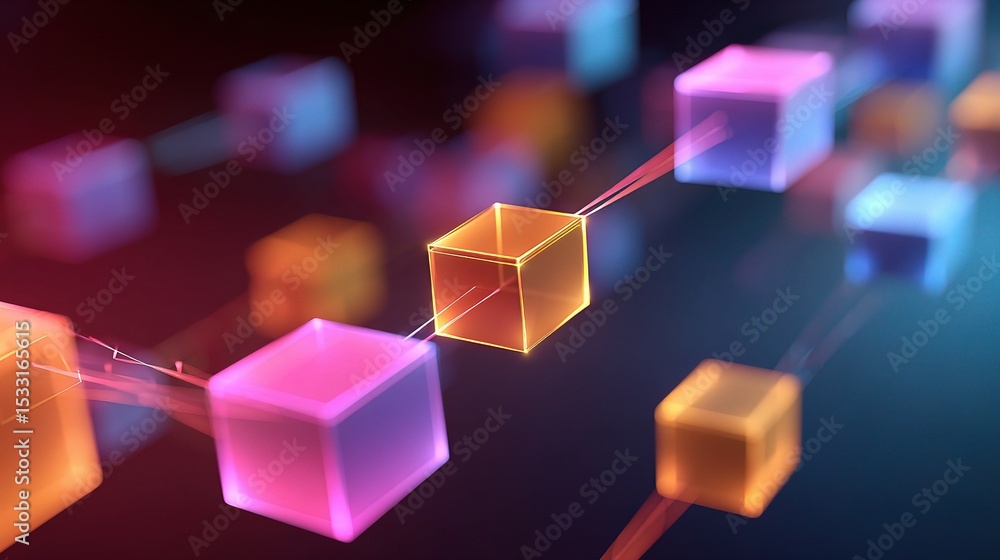 Poster abstract blockchain network concept with colorful blocks and depth