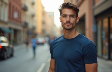 Fototapeta premium Young handsome guy in blue t-shirt poses on city street at daytime. Model for fashion t-shirt mockup, advertising campaign, clothing presentation. Urban lifestyle.