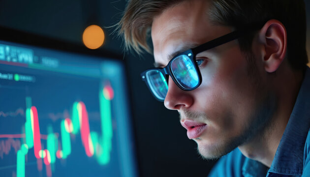Young man wearing glasses examines stock market chart data on computer screen. Reflections in eyeglasses. Finance, business, trading, technology concept. Trader, investor analyzing financial