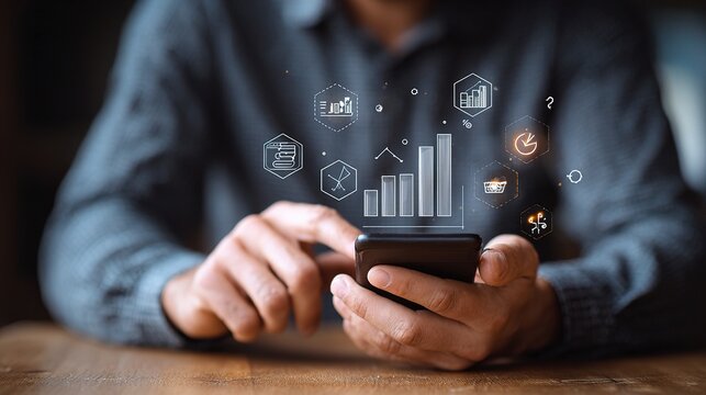 Male Entrepreneur Using Smartphone with Business Graph Overlays - Powered by Adobe