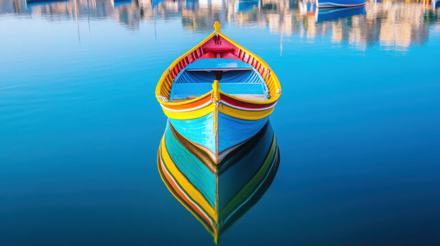 Vibrant traditional maltese luzzu boat floating on calm blue waters