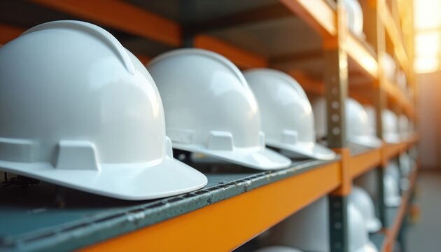 White hard hats arranged on metal shelf. Construction, safety, organization concept. Helmets row, construction site equipment, industrial safety, workplace protection. Workers safety gear.