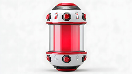 Futuristic capsule with transparent body, glowing red core, and metallic accents, isolated on white background, evokes advanced medical technology and sci fi innovation