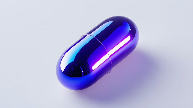 Blue capsule shiny pill medical technology hyperreal design futuristic medicine pharmaceutical healthcare innovation isolated object reflective surface modern drug