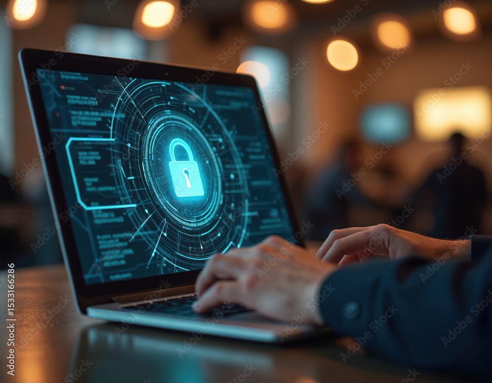 Poster Businessman works on laptop, securing digital information with network protection. Illuminated padlock symbol graphic on screen represents cyberspace security, data encryption. Protecting personal