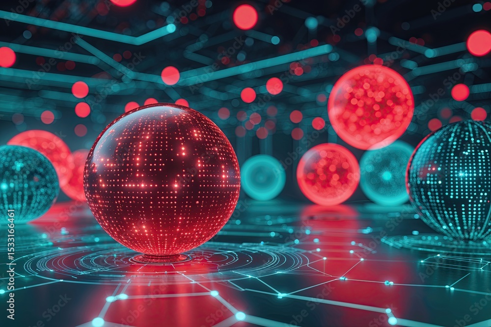 Poster vibrant red and teal spheres in a contemporary cyber world unveiling blockchain technology and predi