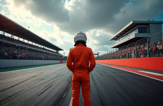 Rear view of Formula One driver standing on race track. Pilot in orange racing suit, helmet. Empty speedway, cloudy sky, stand, spectators. Sport, competition, racing event.