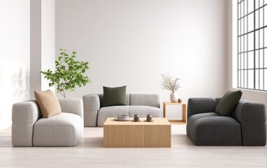 Minimalist living room with light-toned modular sofa, light wood coffee table, and a large window.  Greenery adds a touch of nature