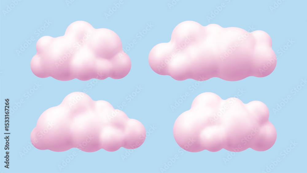 Poster Set of four fluffy pink cloud shapes rendered in 3d vector style. Abstract element collection for cute cartoon graphics. 