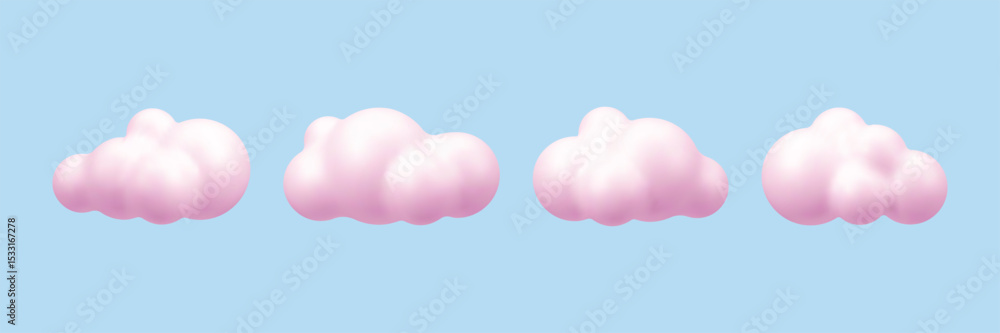 Poster row of pink 3d cloud vector render on light blue background, set of cute cartoon clouds for dreamy c