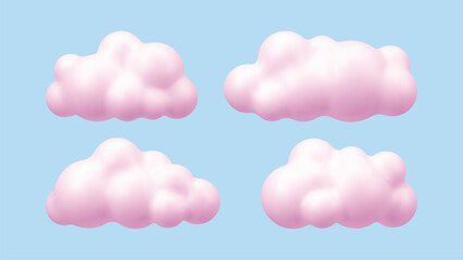 Set of four fluffy pink cloud shapes rendered in 3d vector style. Abstract element collection for cute cartoon graphics. 
