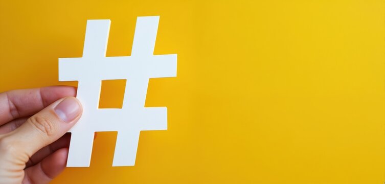 Hand holding large white hashtag sign on yellow background. Digital marketing concept. Social media symbol, content promotion, web communication, trend, marketing campaign.