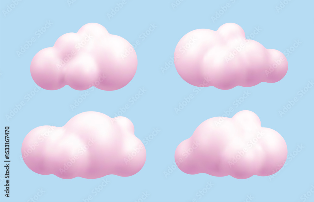 Poster four fluffy pink 3d cloud vector renders against a light blue background. realistic illustration for