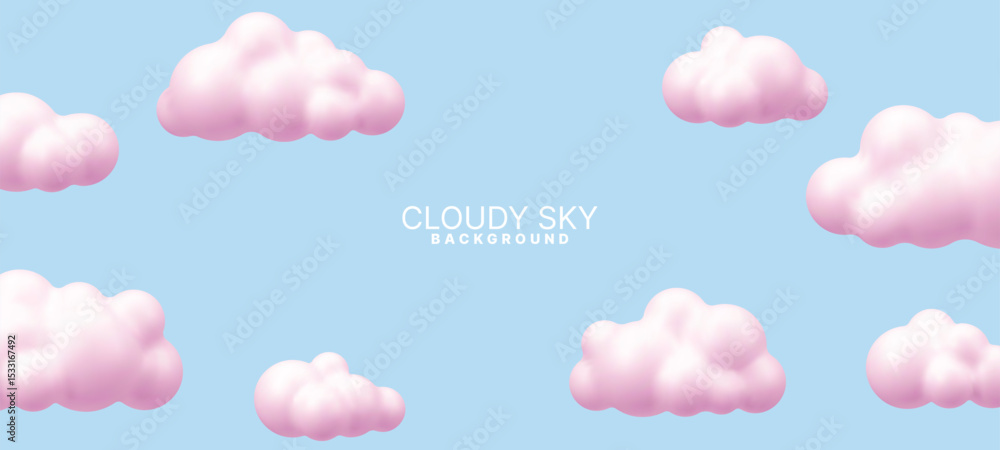 Poster pink 3d vector clouds floating in a blue sky. minimalist cloudscape design for sweet banner, greetin