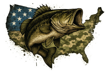 Largemouth Bass Over USA Camouflage Map with Stars – Patriotic American Fishing Graphic for Outdoor and Military Themes