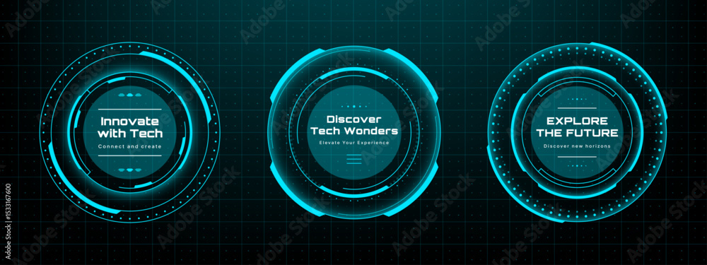Leinwandbilder Set of three head up display circles with text for innovate, discover, explore. Hud vector graphics. Technology data visualization for presentation.